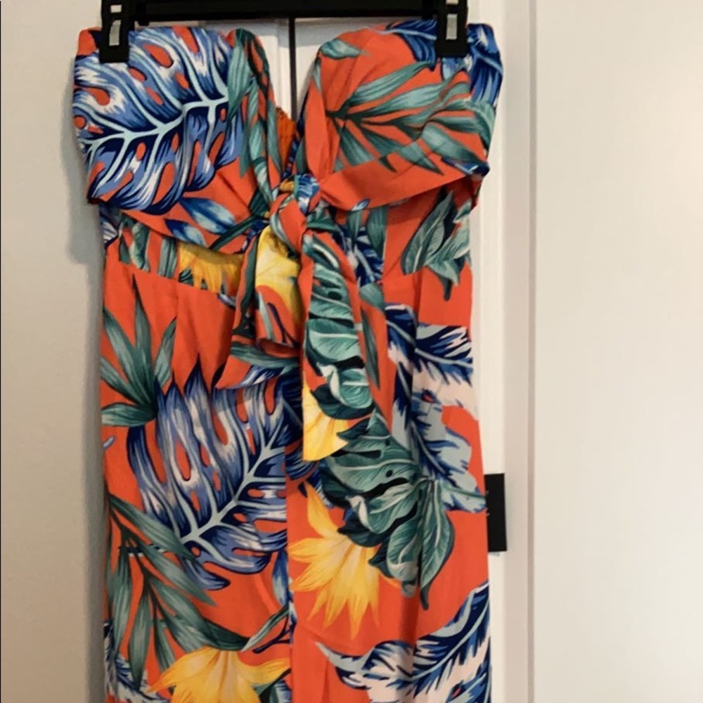 Lulu's Orange Tropical Strapless Jumpsuit with Bow